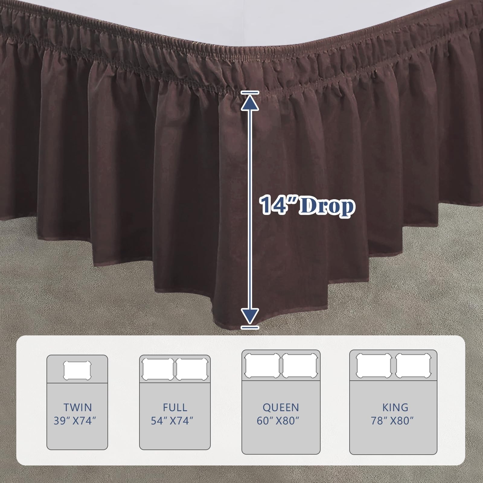ANARACHON King Bed Skirt, Elastic Wrap Around 14" Drop, Solid Brown