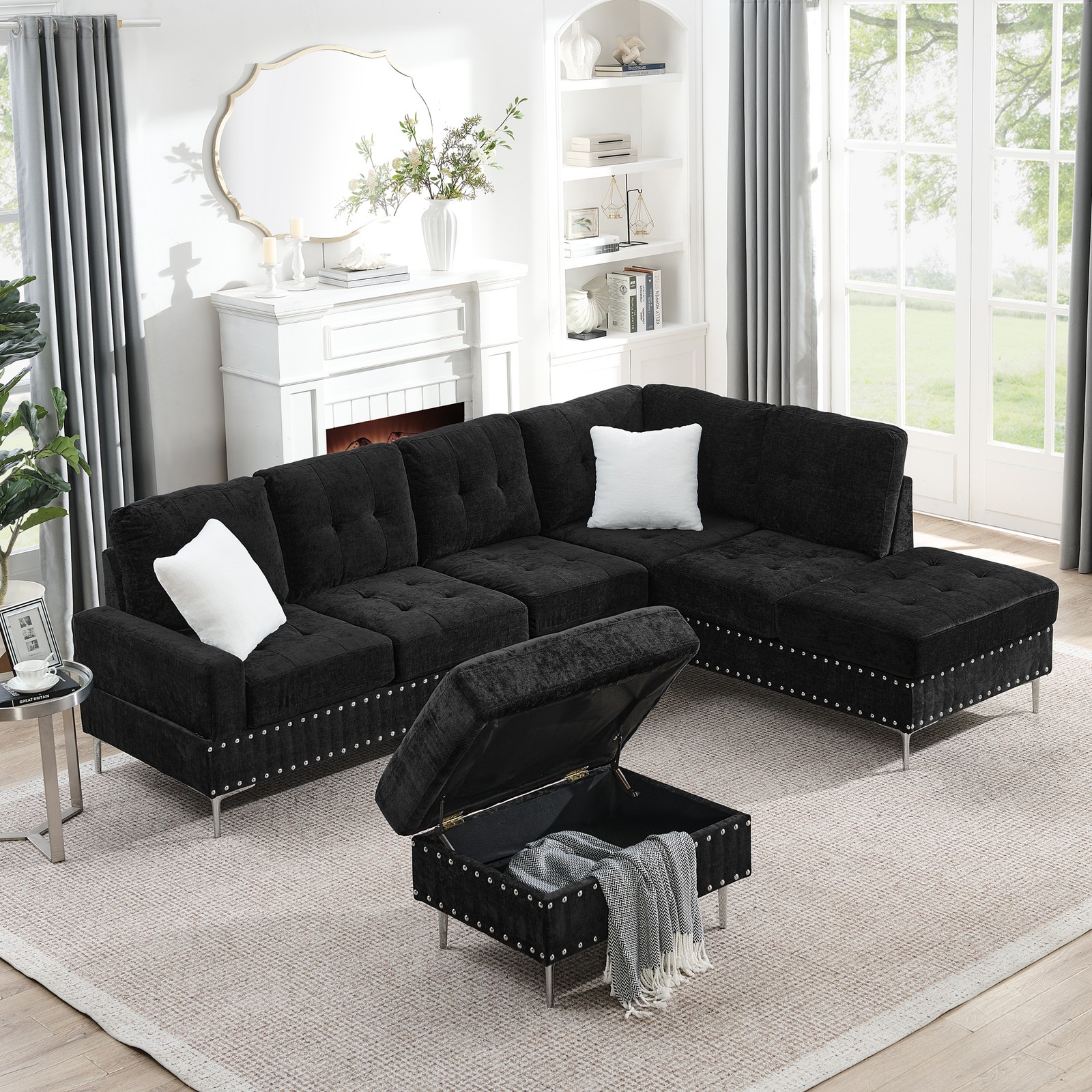 Sectional 3-Seaters Sofa with Chaise, Storage Ottoman, Metal Legs and Copper Na