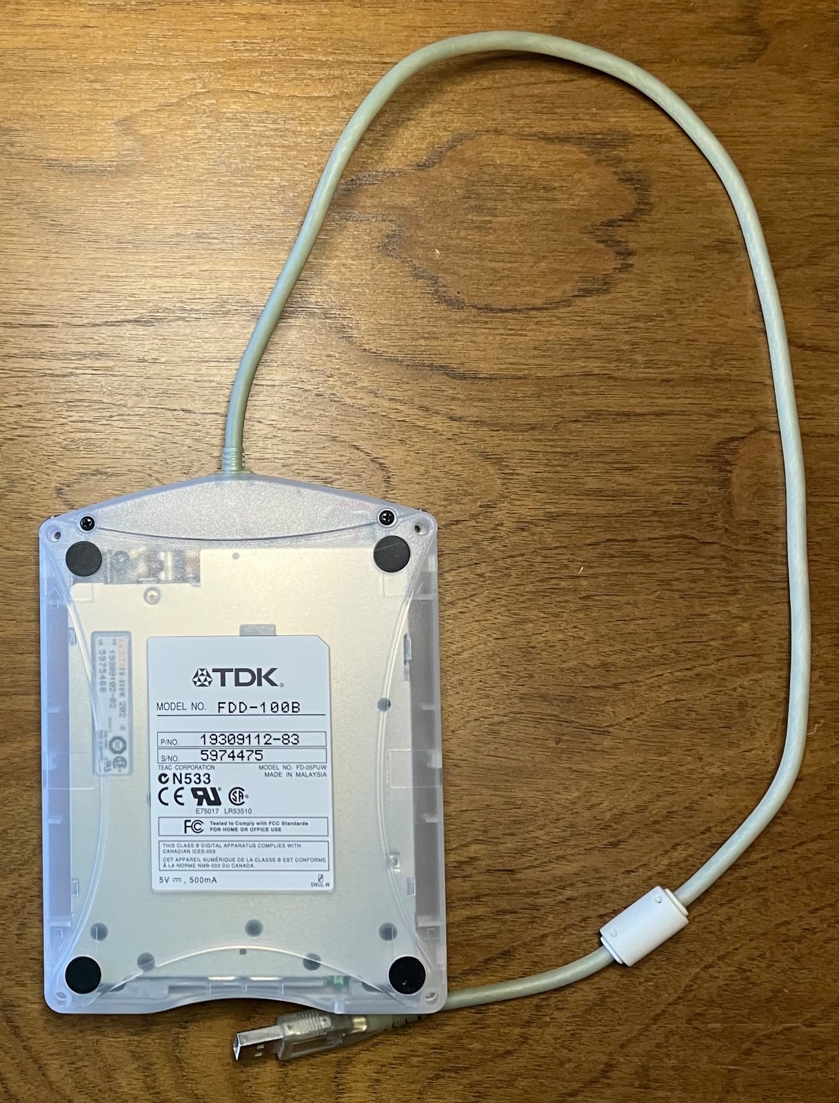 TDK External USB 3.5" Floppy Disk Drive Clear - Model No. FDD-100B **UNTESTED**