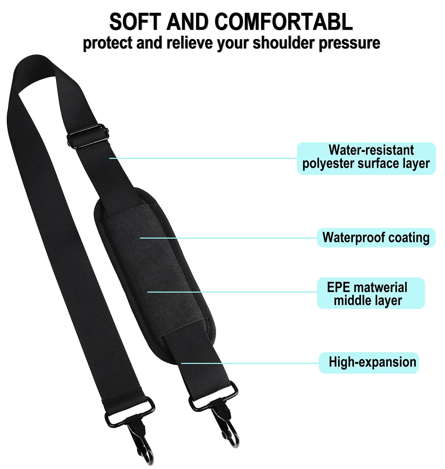 BOOEUDI 56 inch Shoulder Strap, Universal Adjustable Thick Soft 56, Black