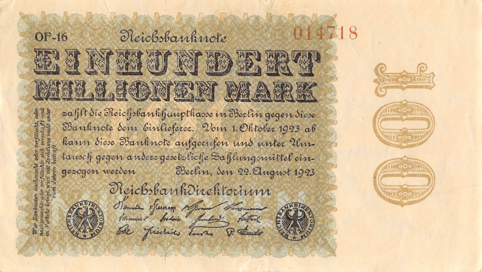 Germany  100  Millionen  Mark  22.8.1923  Series OF-16  Circulated Banknote BBZ