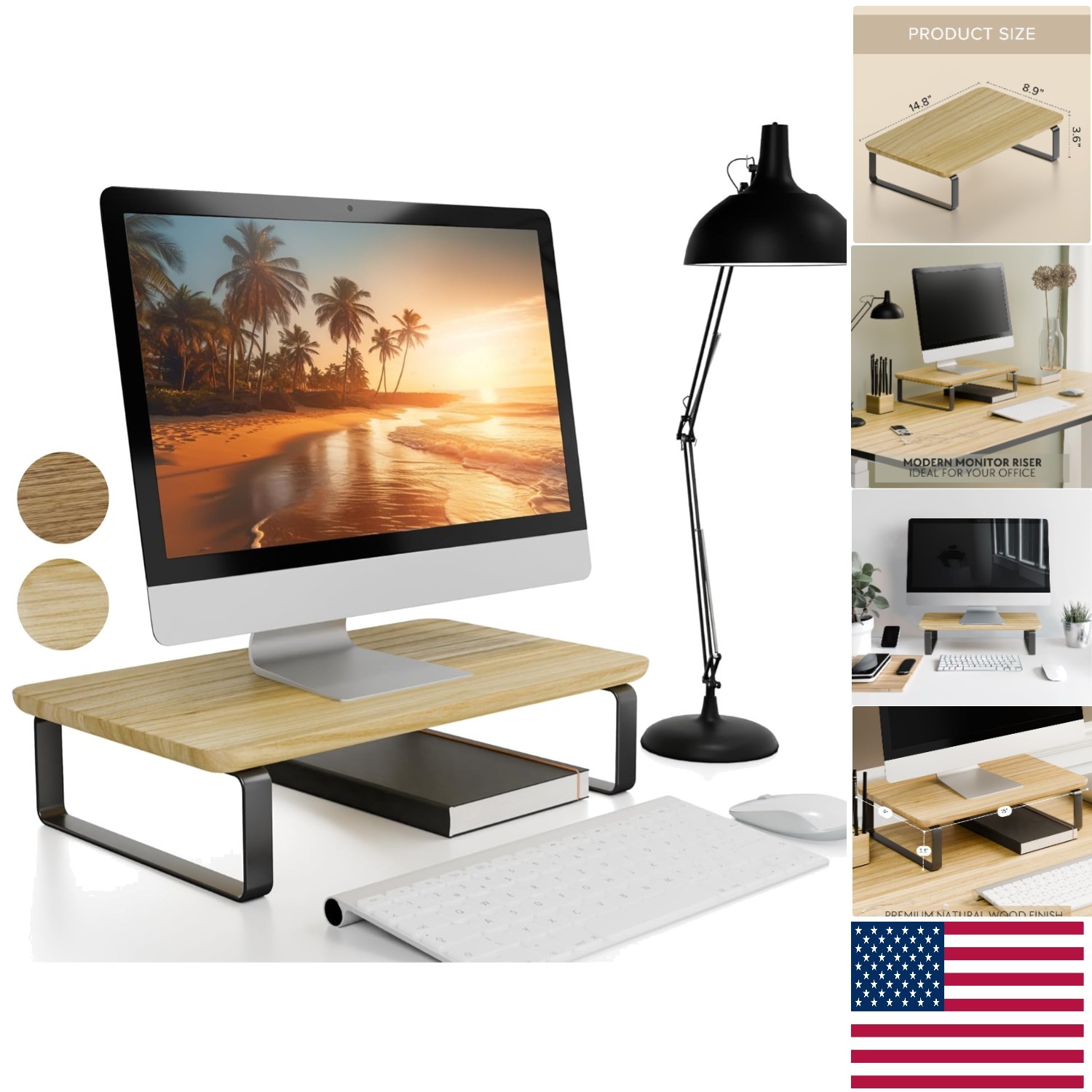 Ergonomic Wooden Monitor Stand - Natural Wood and Metal for Stylish Workspaces