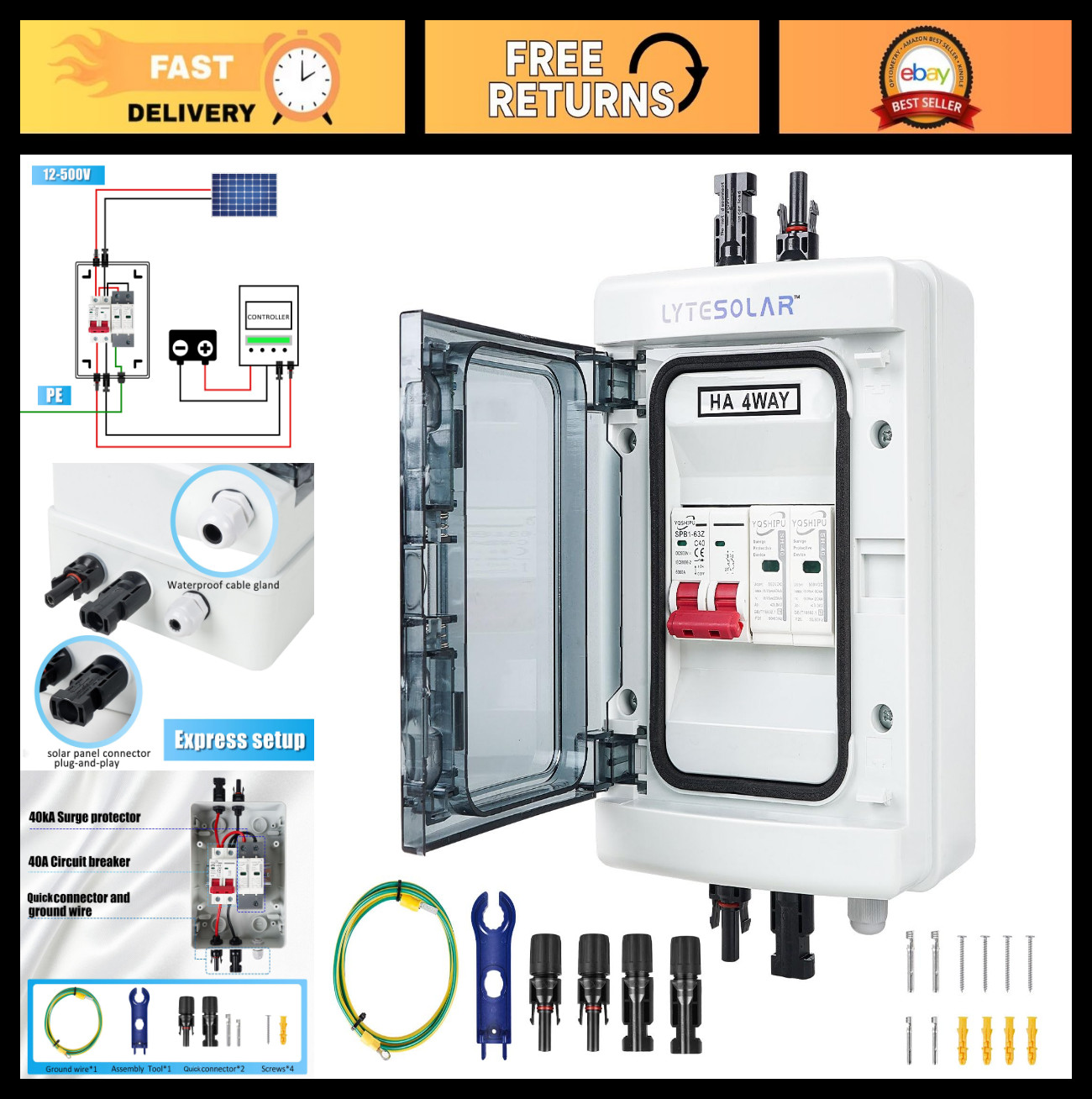 500V PV Combiner Box 1 In 1 Out, 40A DC Breaker, Solar Disconnect, Surge Protect