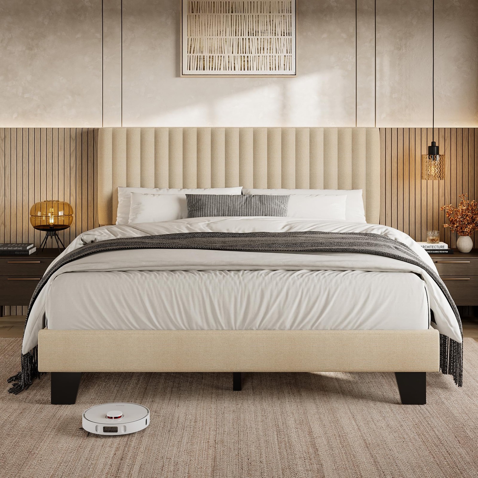 Queen Size Upholstered Linen Bedframe Headboard Wood Slats Noise-Free No