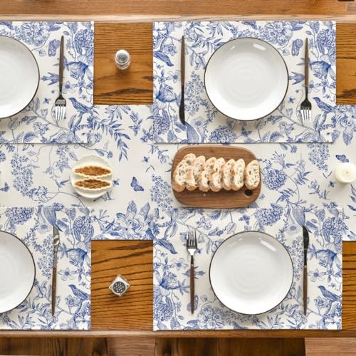 Hydrangea Flowers Branches Chinoiserie Spring 12" x 18", Rectangle 4 Pcs Blue