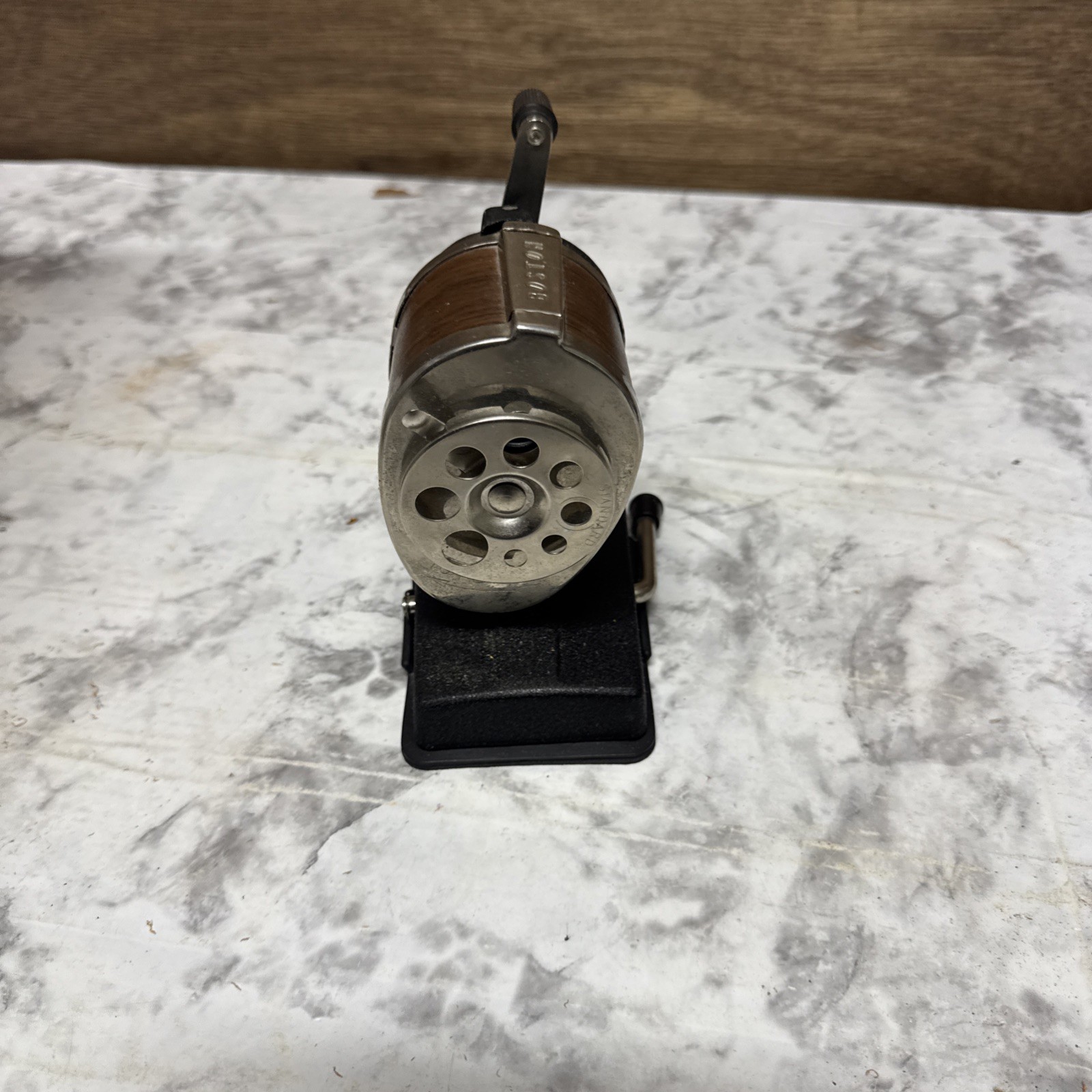 Vintage Boston Vacuum Mount Pencil Sharpener 8 Hole Wood Grain Manual Crank