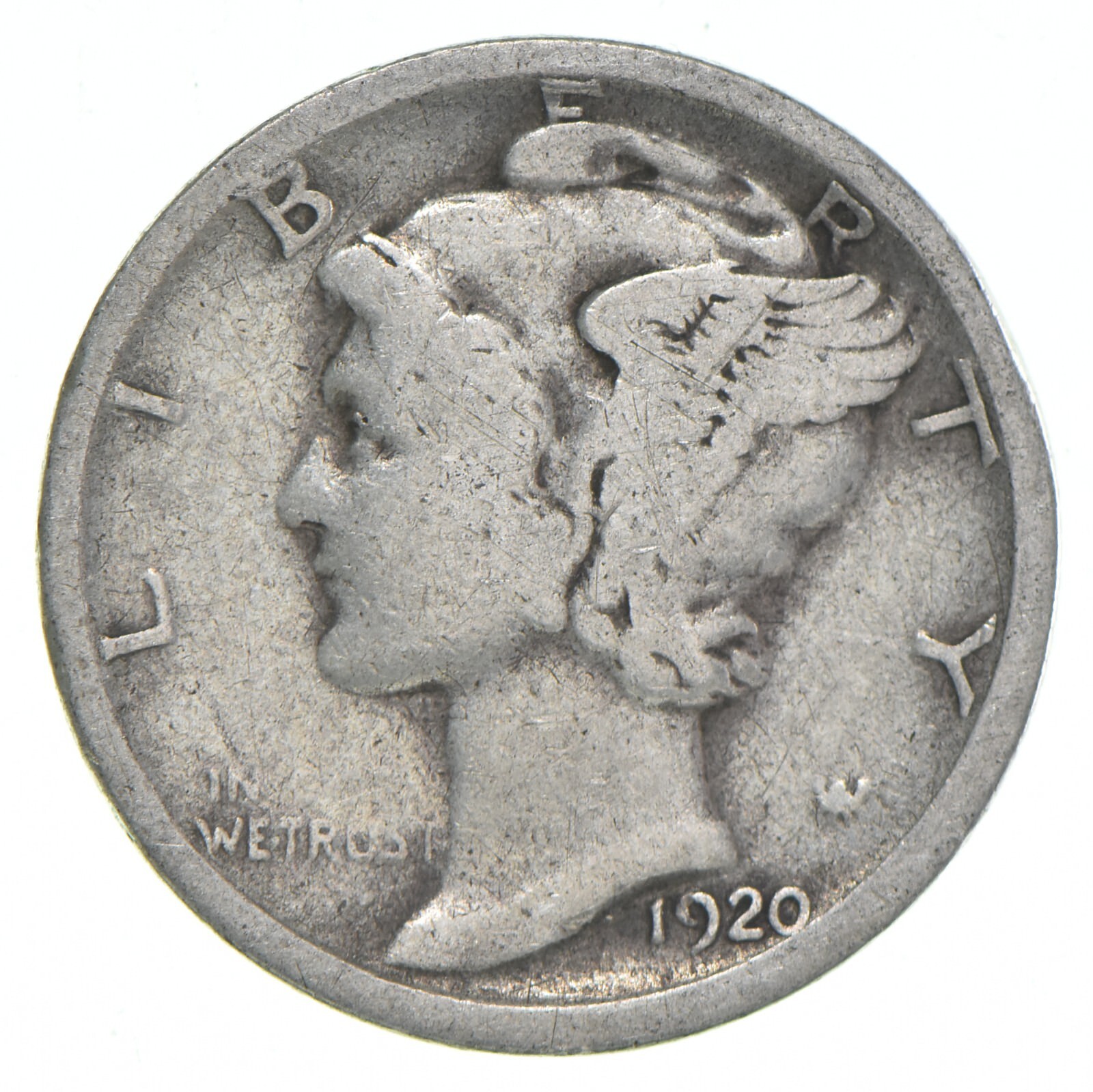 VG+ 1920-S Mercury 90% Silver Dime