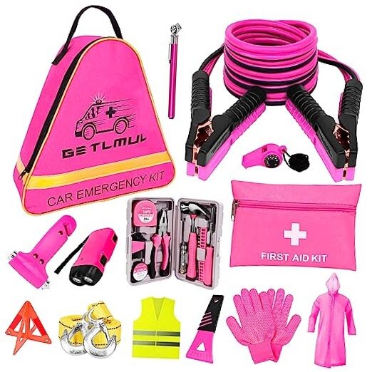 Pink Car Emergency Kit, Premium Roadside Emergency Car Accessories Kit with