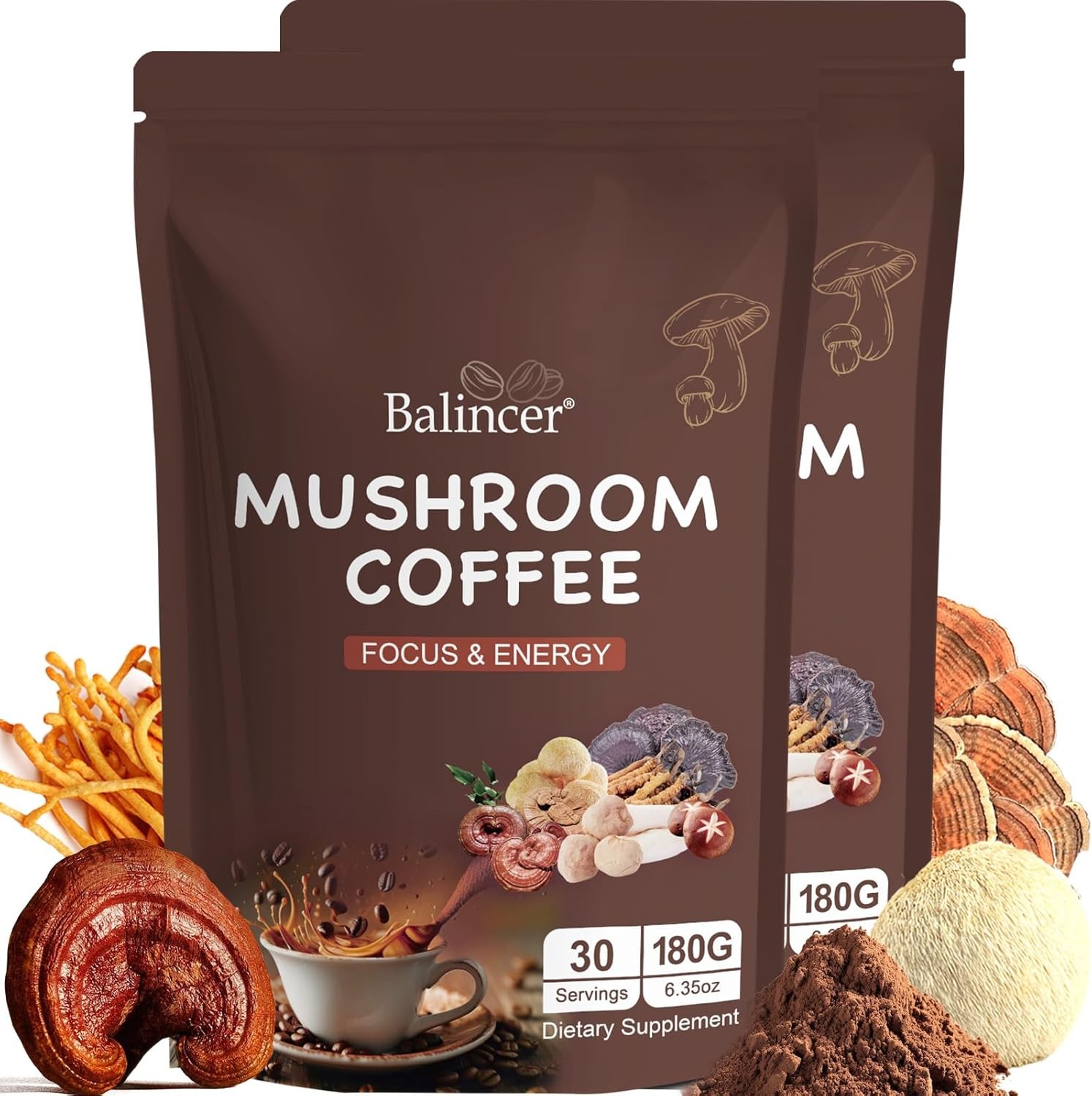 Mushroom Coffee, 6 Adaptonic Mushrooms Mixed with Premium Instant Coffee
