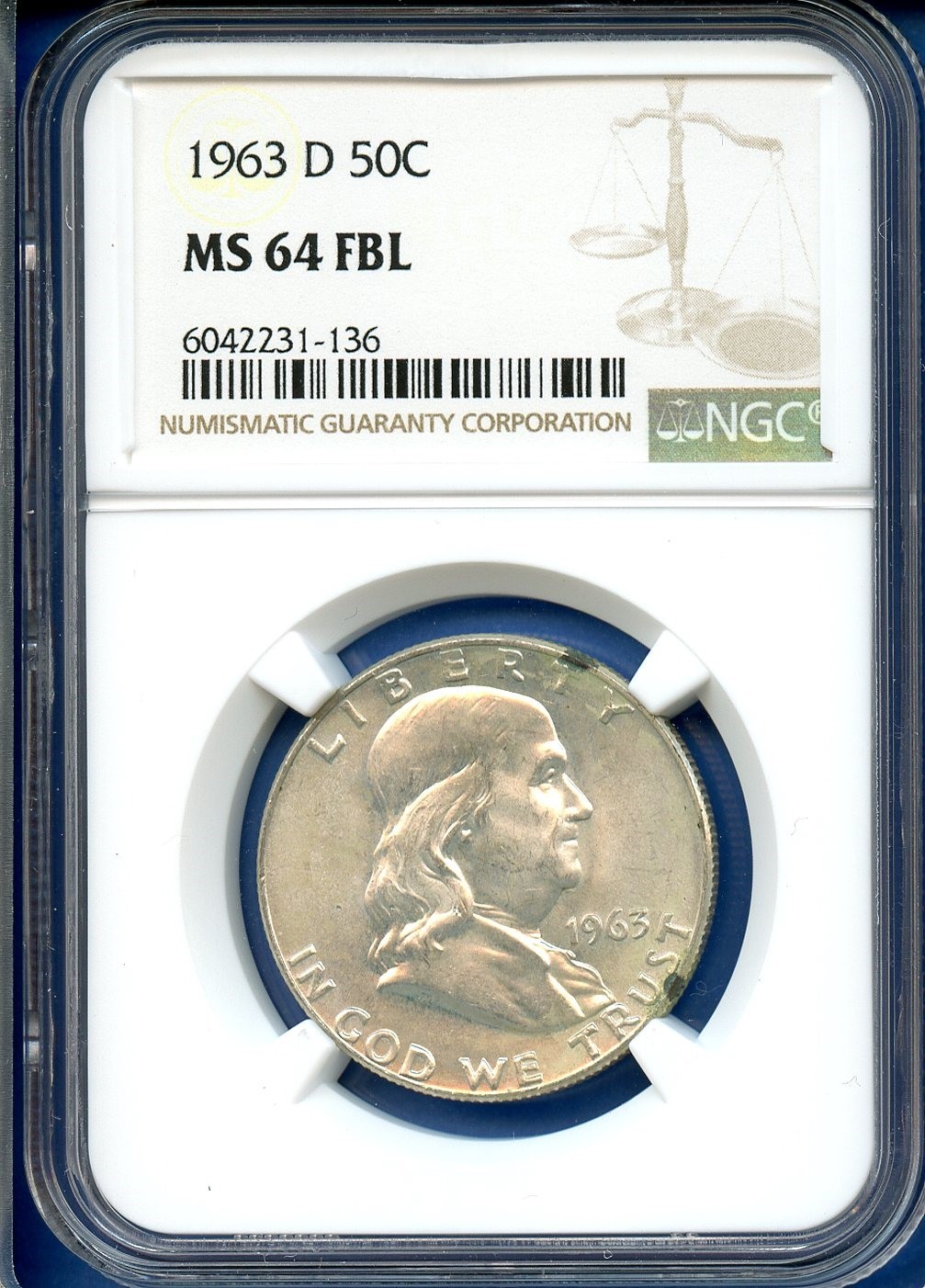 1963 D NGC MS64FBL Franklin Half Dollar 50c US Mint Silver Coin 1963-D MS-64 FBL