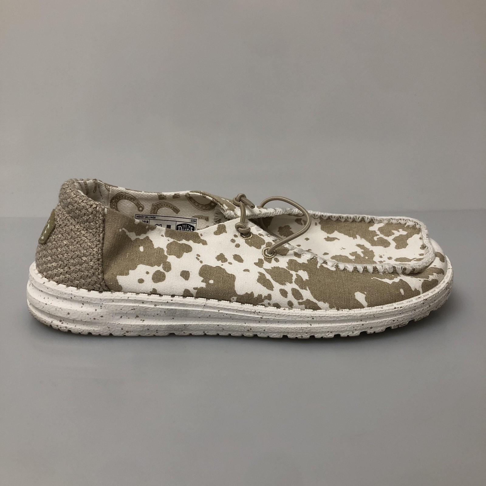 Hey Dude Wendy Billings Shoes Womens Size 8 Beige Cow Print Slip On Casual Logo