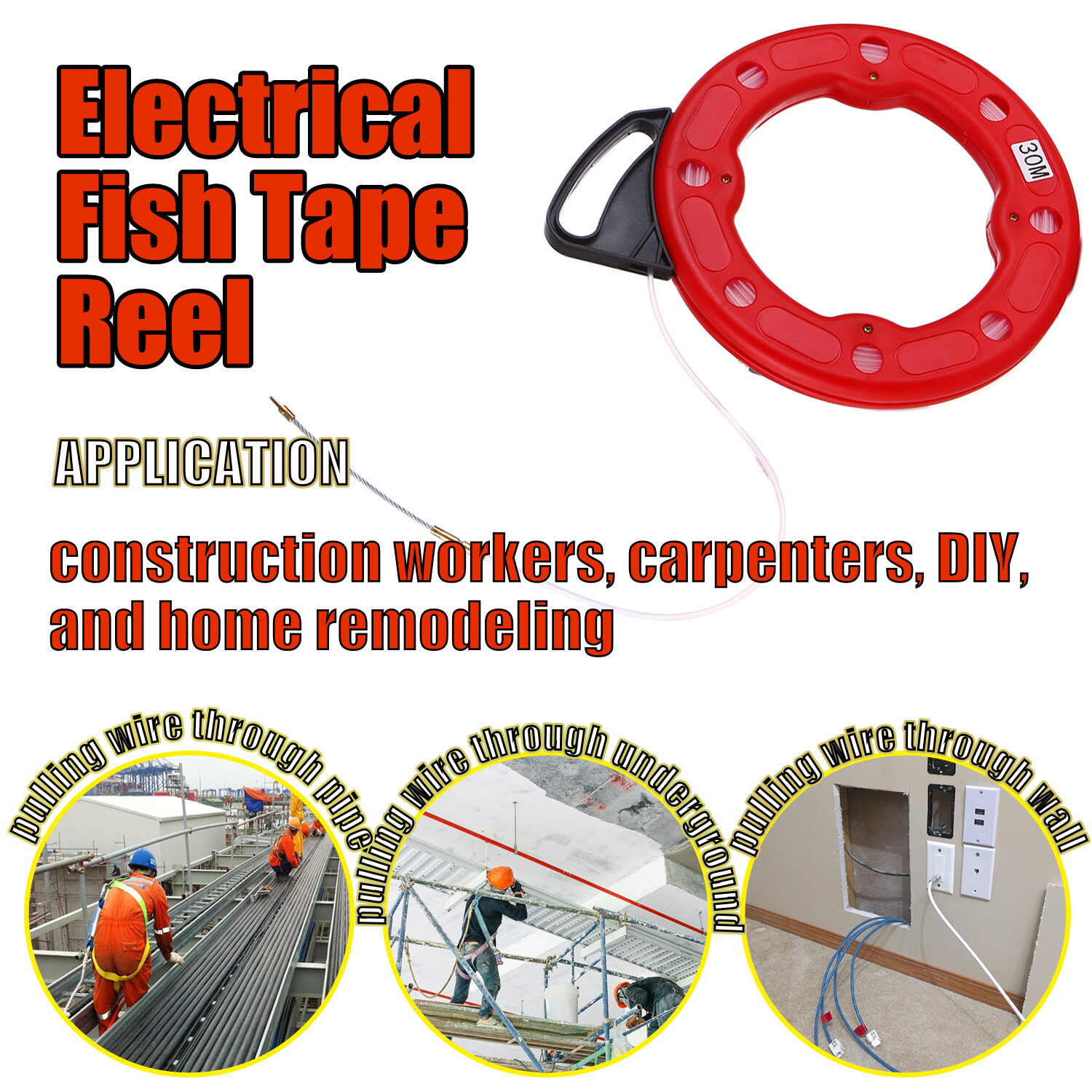 30M Fiberglass Fish Tape Reel Puller Conductive Electrical Cable Puller Pipe
