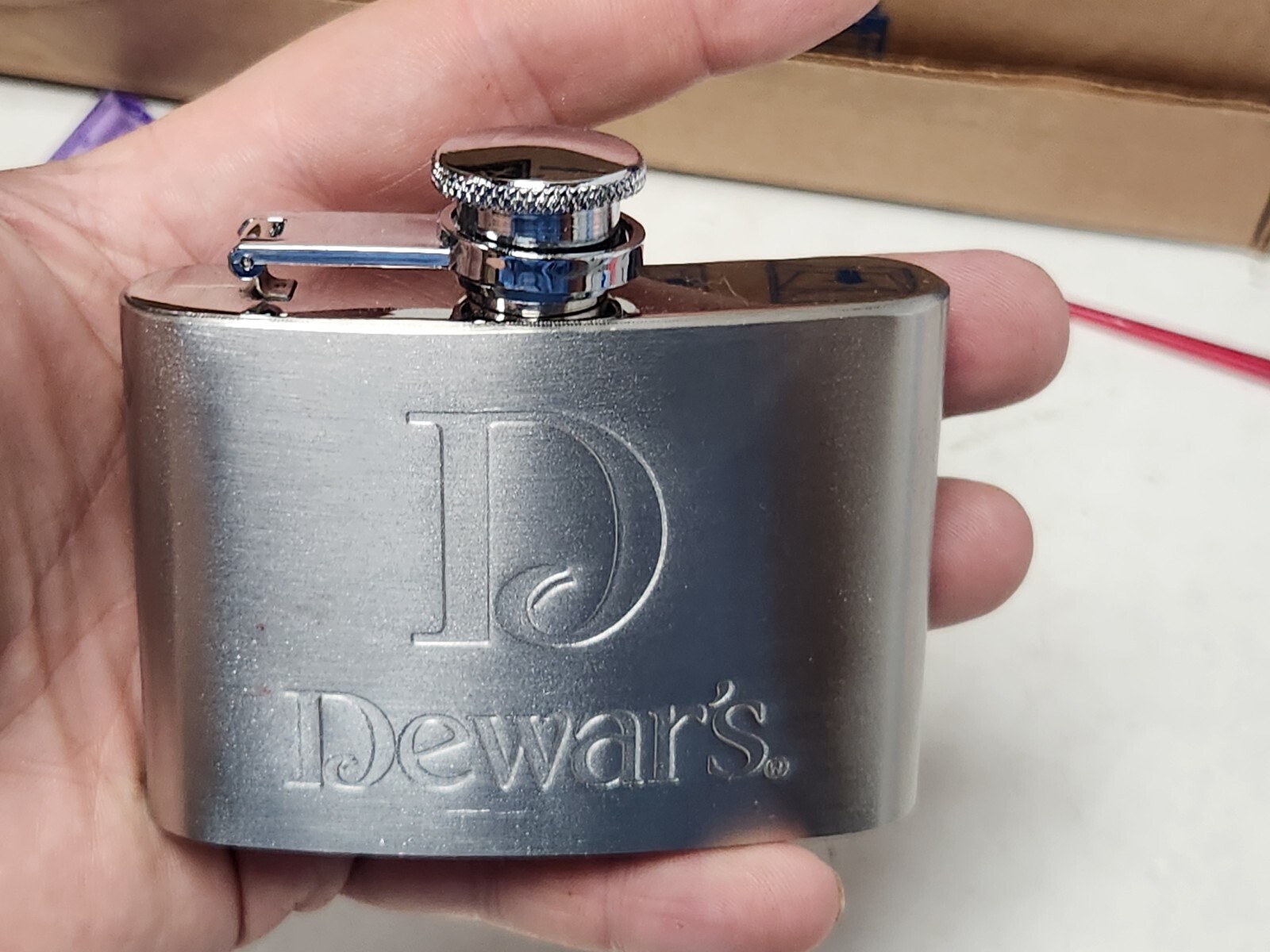 Unique DEWAR'S STAINLESS STEEL POCKET FLASK ~ 4 oz - NEVER USED