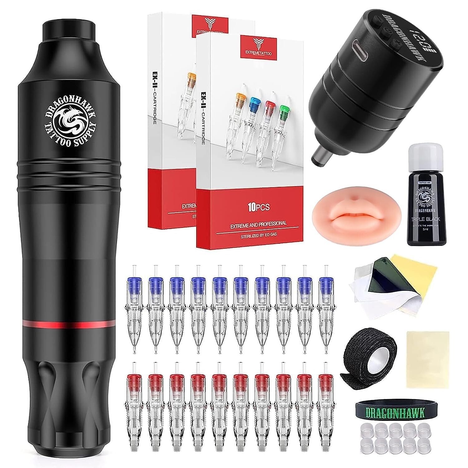 Dragonhawk Wireless Cartridge Tattoo Machine Kit Pen Rotary Tattoo Machine