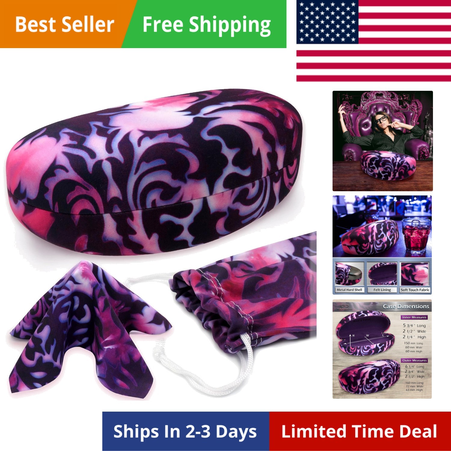 Large Hard Sunglasses Case | fits Large curved Sunglasses, with microfiber ba...