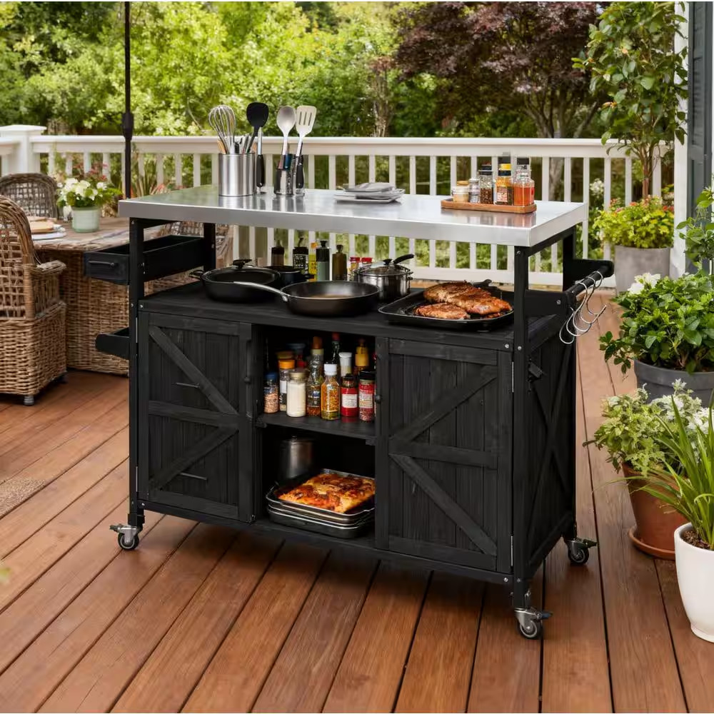 Black Wood Outdoor Bar Cart with Storage Cabinet and Locking Wheels, Outdoor Kit