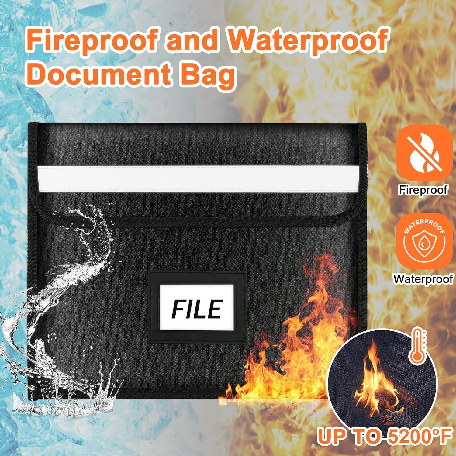 Extra Large Fireproof Document Bag - 5200℉ Fireproof Bag , 3 Pockets 10 X 14 in