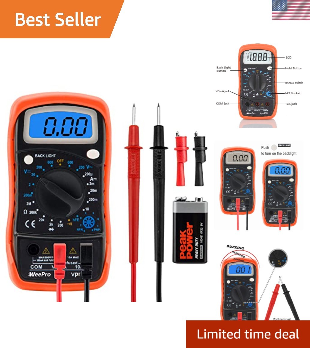 Precision AC/DC Digital Multimeter with Audible Continuity - 9V Battery Included