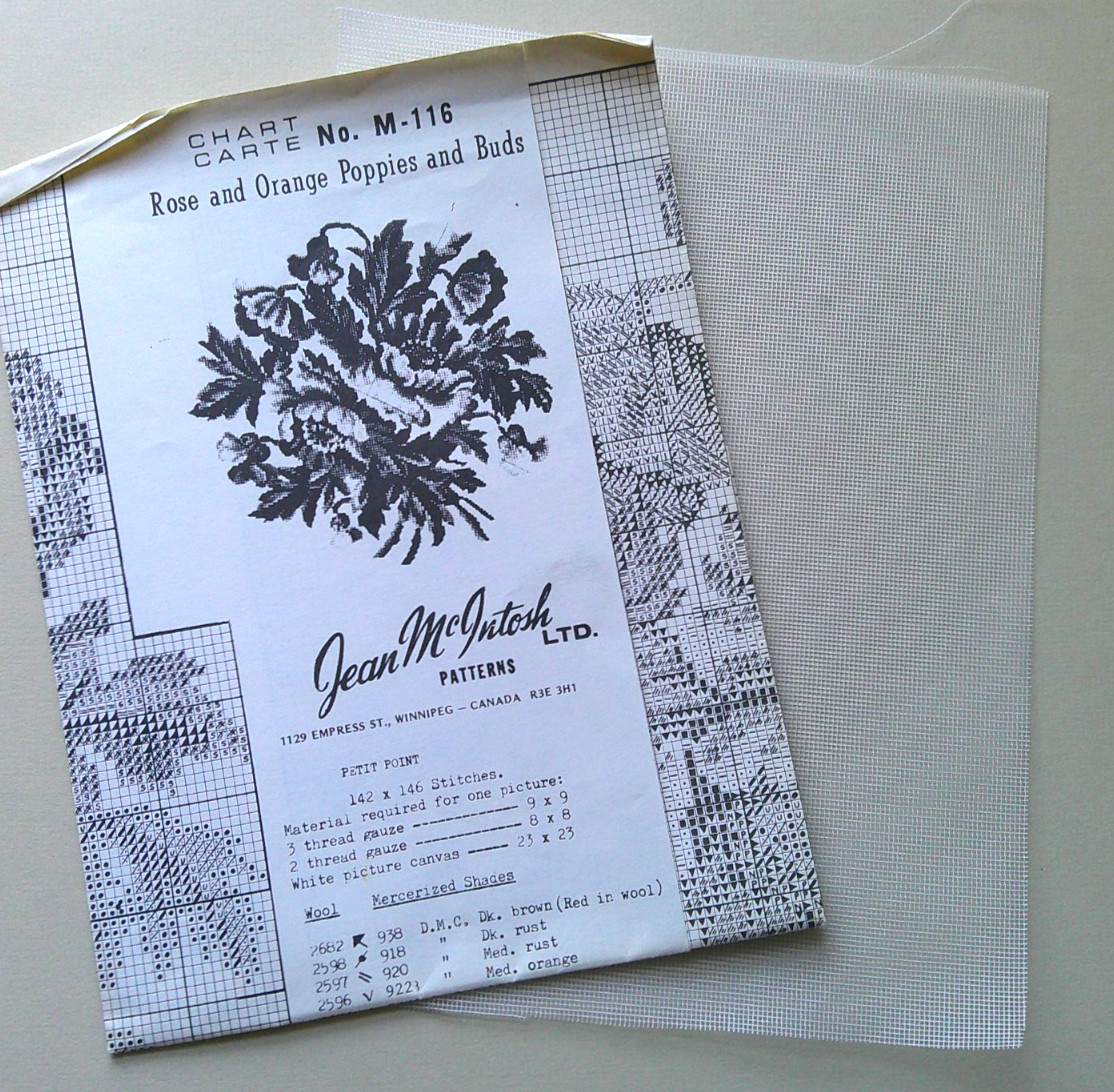 Rose & Orange poppies & buds petit point needlepoint pattern & canvas  McIntoch