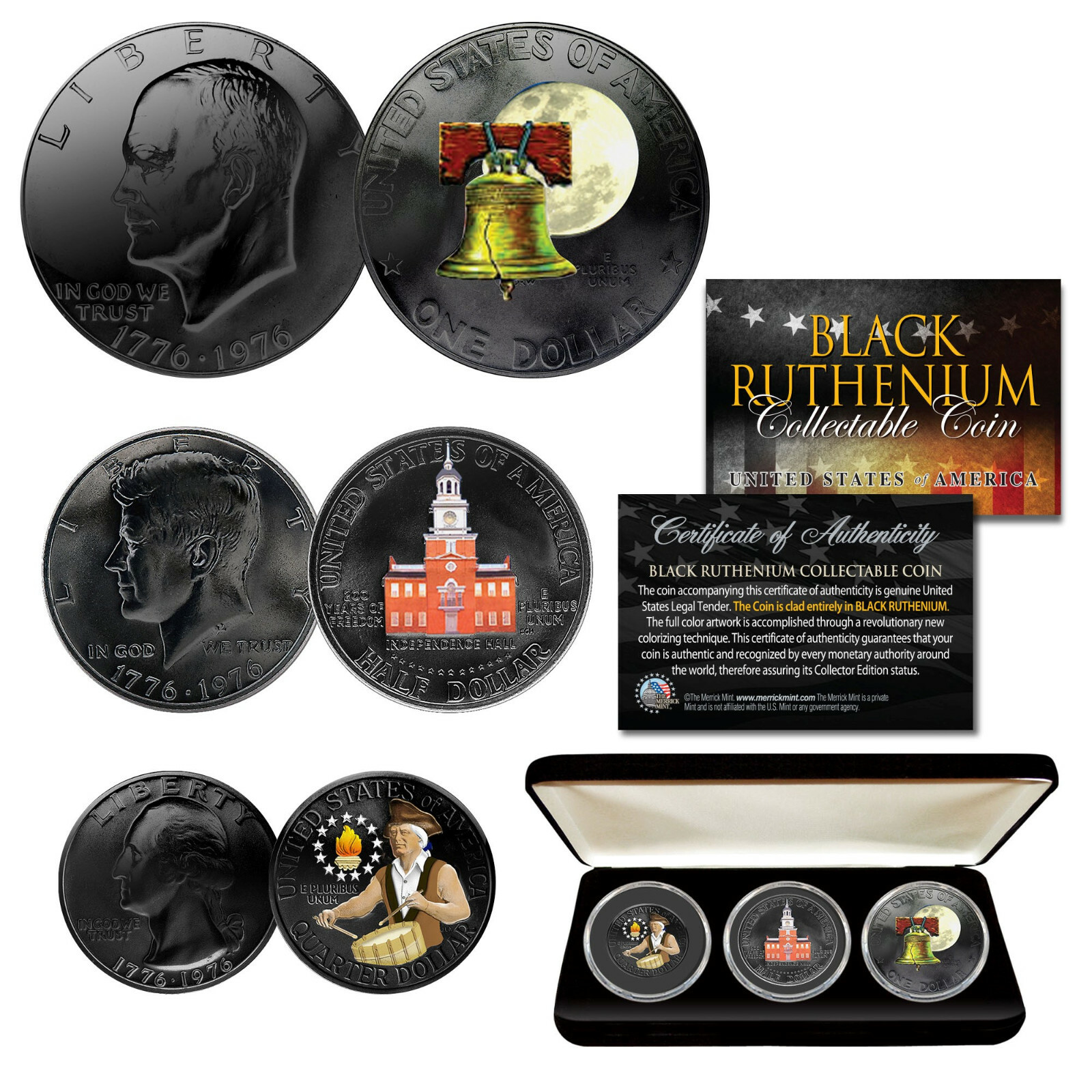 1976 Bicentennial RUTHENIUM & COLORIZED 3-Coin Set JFK / IKE / QUARTER with BOX