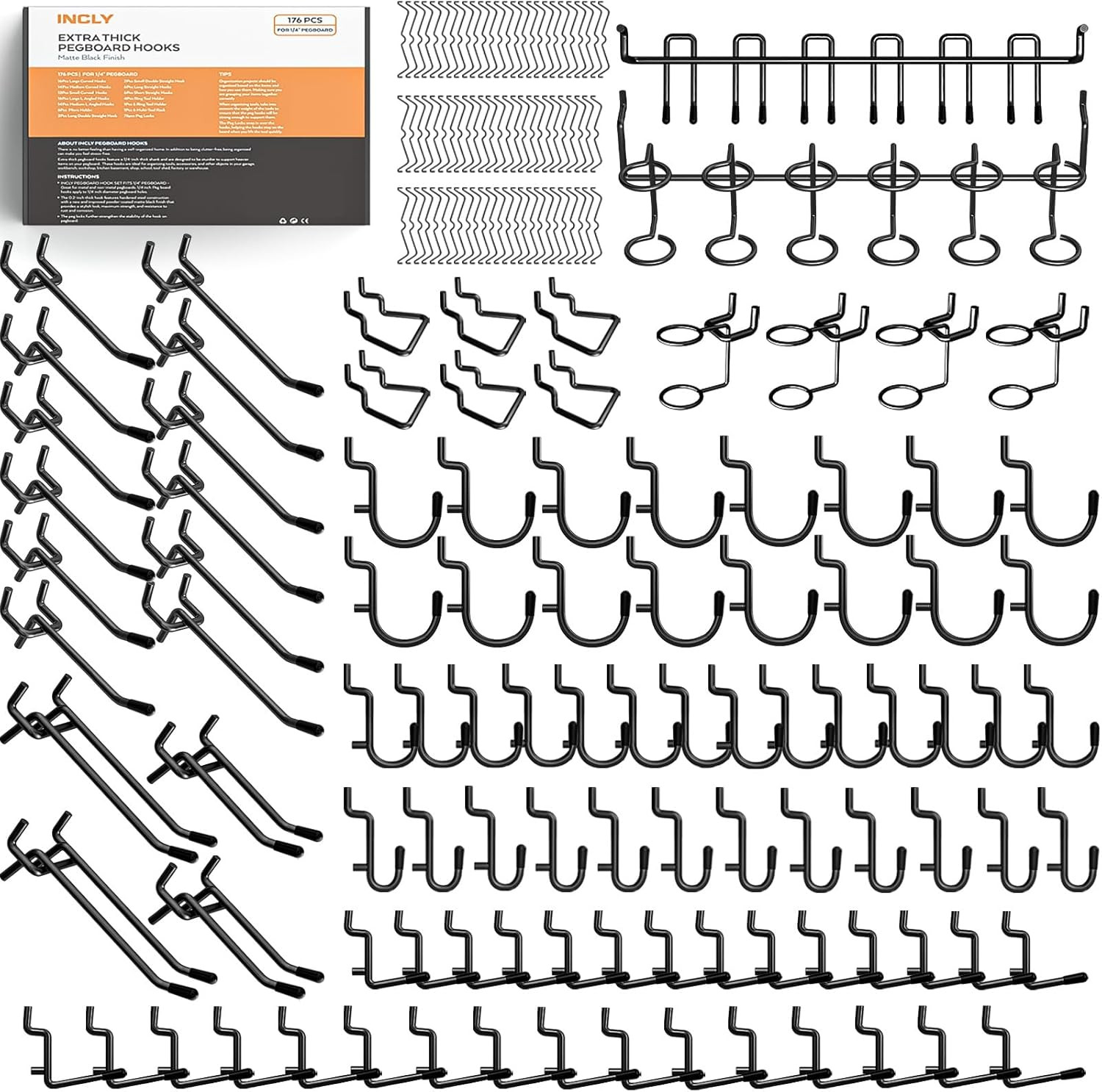 176PCS Extra Thick Pegboard Hooks, 1/4" Heavy Duty Black Metal Peg Board Hooks A