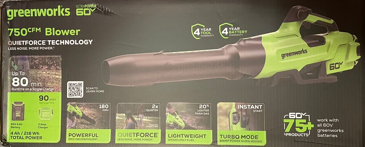 Greenworks 750 CFM 180 MPH 60V Leaf Blower - 4.0 AH HC Battery - 3 Amp Charger