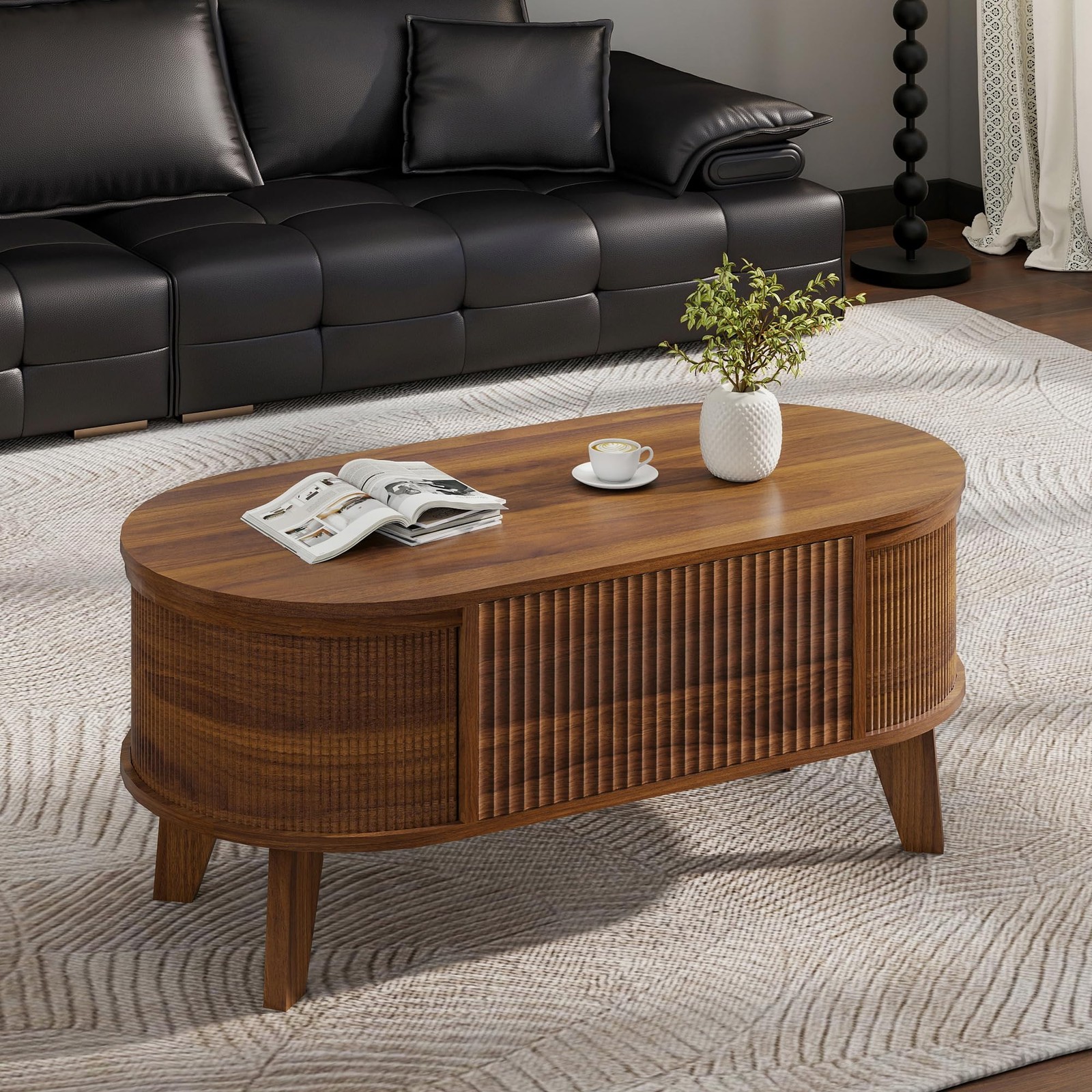 Fluted Lift Top Coffee Table with Storage,Modern Oval Coffee Table for Living...