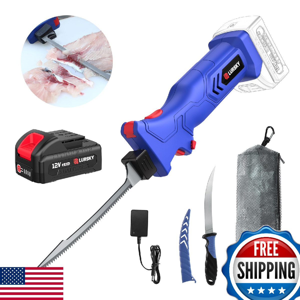 LURSKY Electric Fillet Knife Cordless Rechargeable - Fishing, Stainless Steel Bl