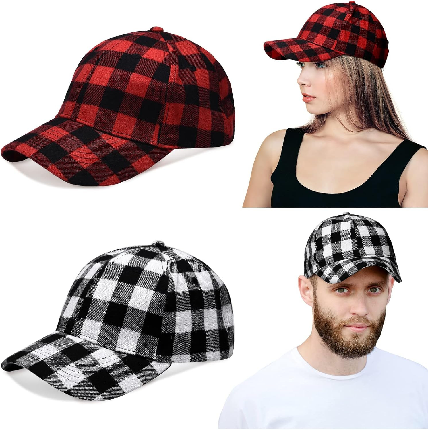 2 Pack Buffalo Plaid Baseball Caps Snapback Adjustable Red Black Unisex Xmas Hat