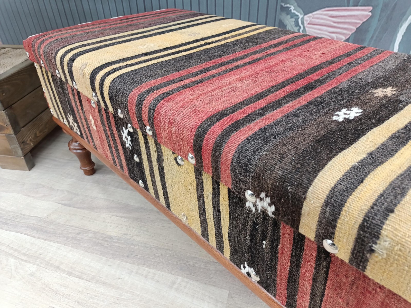 Kilim Storage Ottoman Handmade Wood Bench Upholstered Entry Organizer