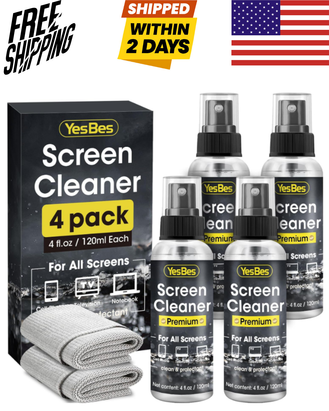 Screen Cleaner Spray 16Oz (4Oz X 4 Pack) - TV & Computer Screen Cleaner with 2 M