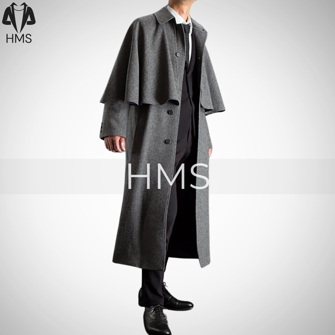 Men's Grey  100% Wool Overcoat With Cape Winter Warm Coat long Cape Coat