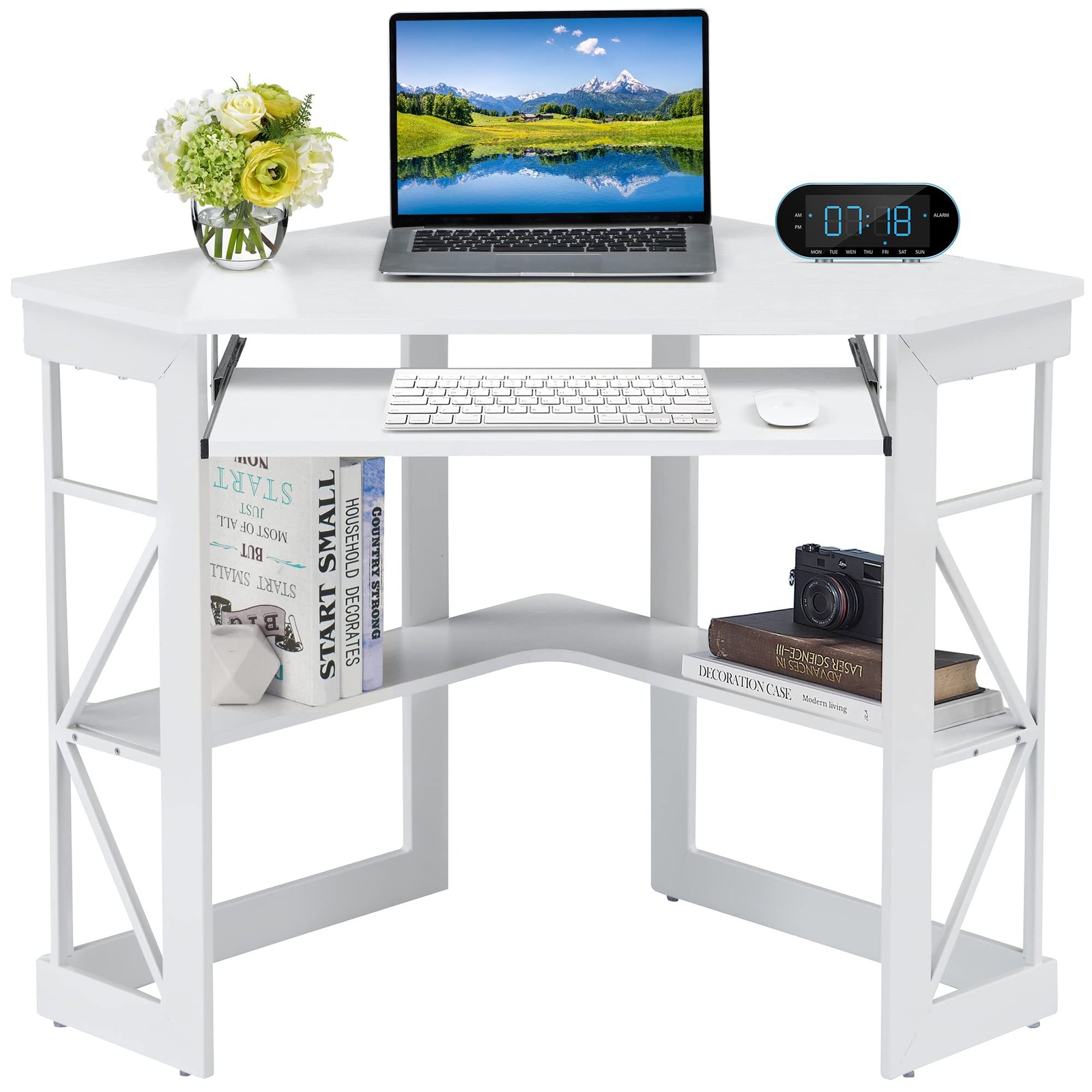 Corner Computer Desk 41 x 30 inches Keyboard Storage Shelves Home Office White