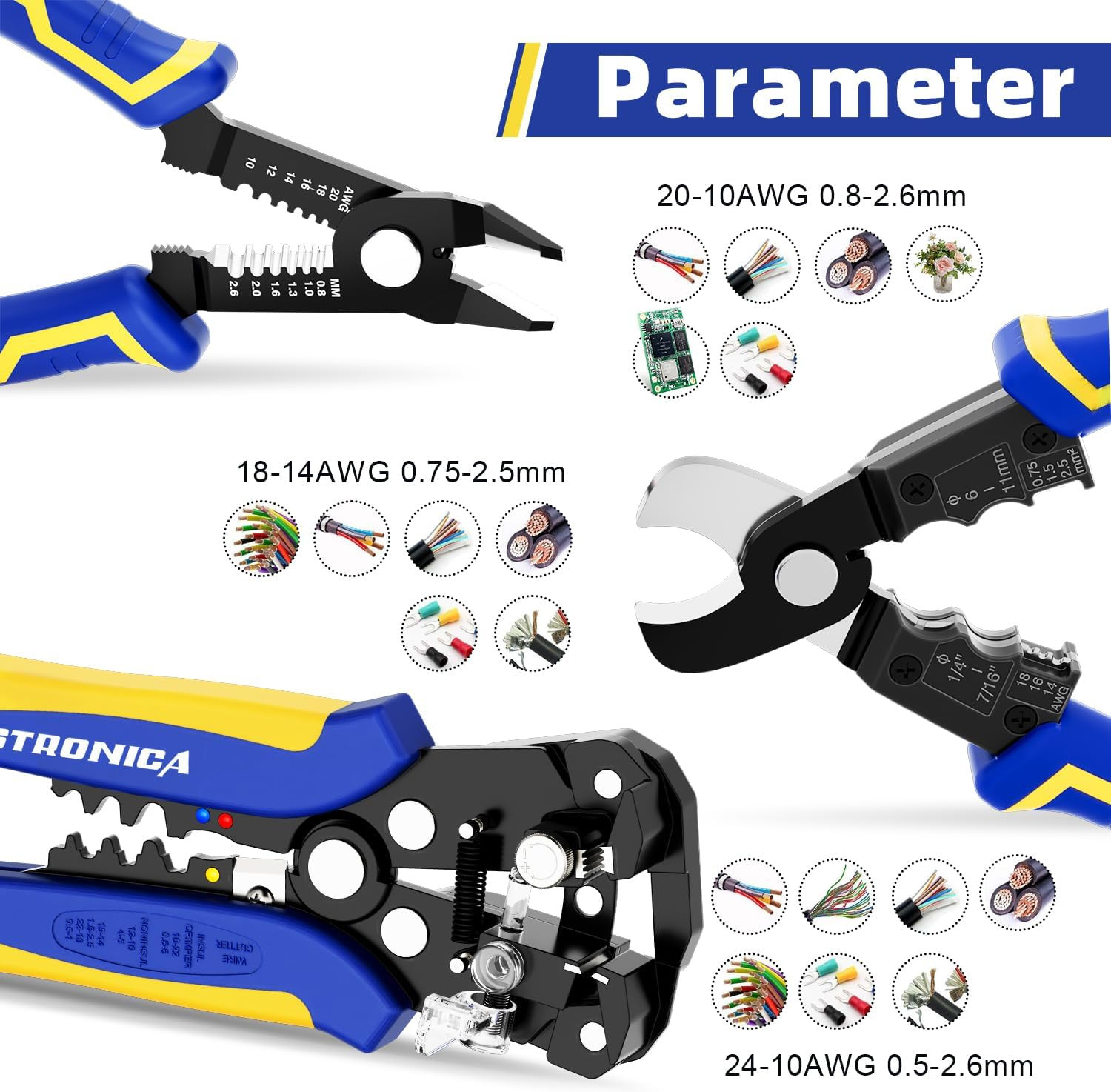 3PCS Automatic Wire Stripper Set, Flush and Cable Cutters | 11 Mm Cutting Capaci