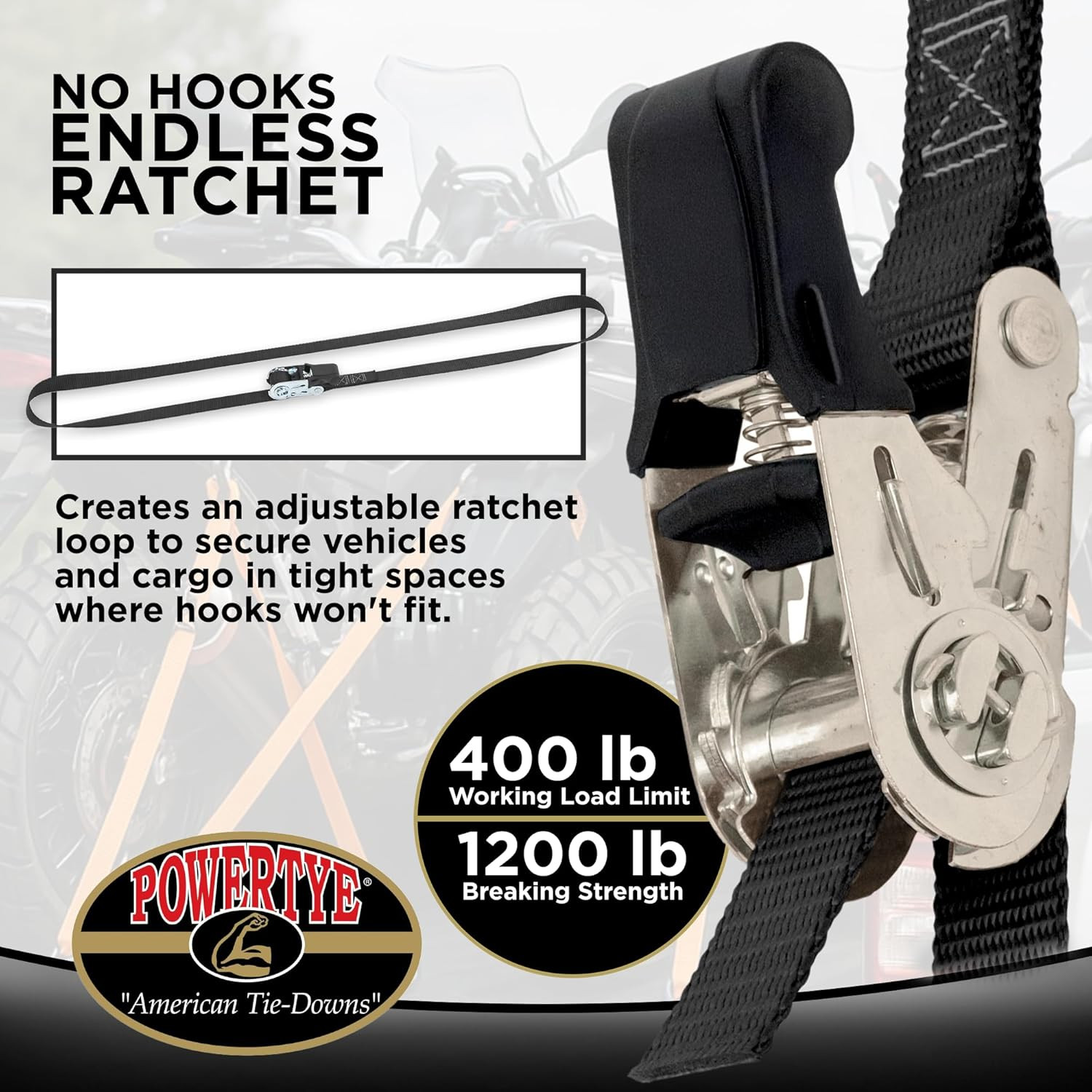 Powertye - Endless Ratchet Strap - 1In X 4Ft Easy Grip (Hookless), Tie down Stra