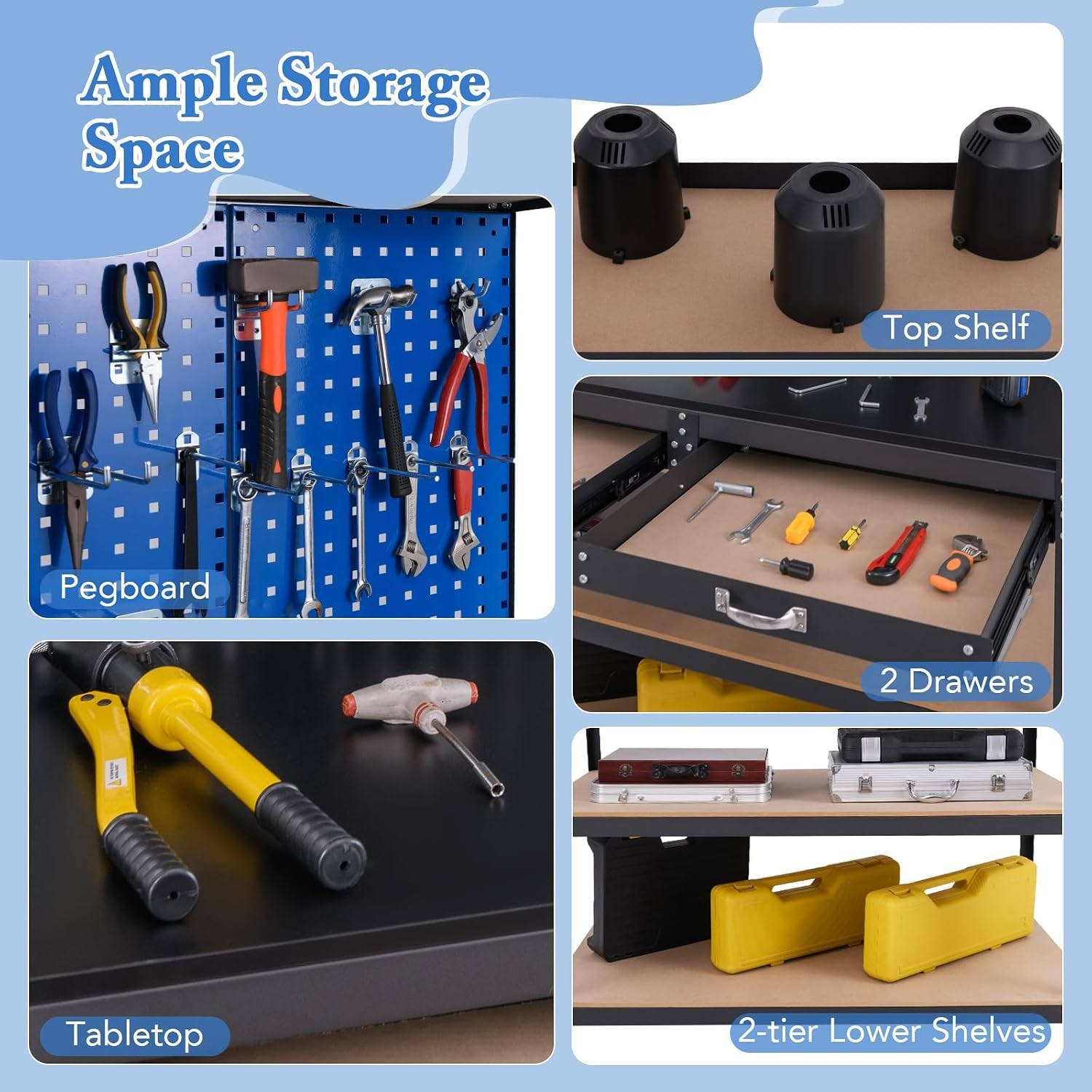 Workbench with Pegboard 48" x 24" Work Table with Drawers Open Shelves