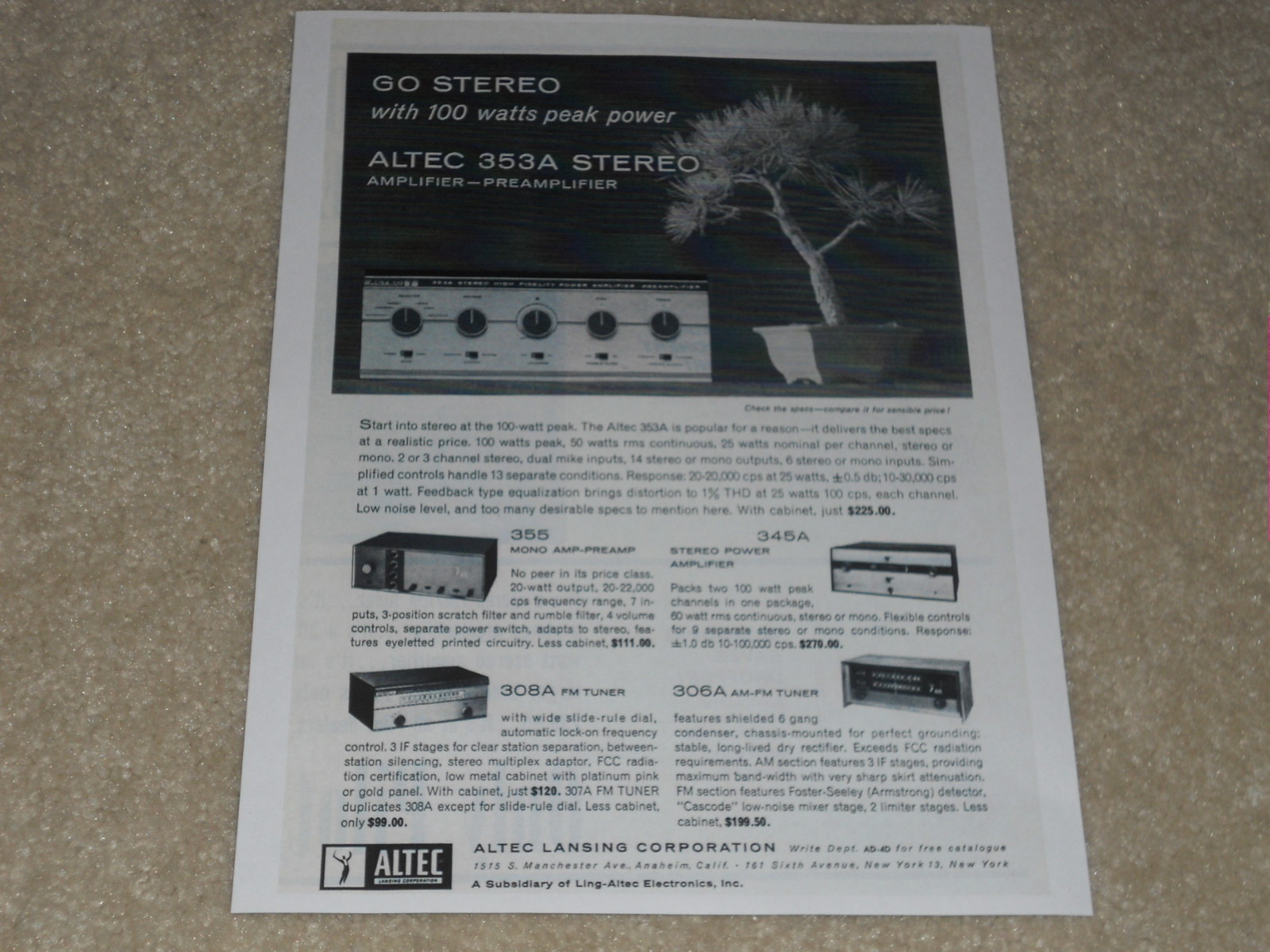 Altec Lansing Ad, Tube Gear, 1961, 355 Pre, 345a Amp, 308a Tuner, 306a, Info