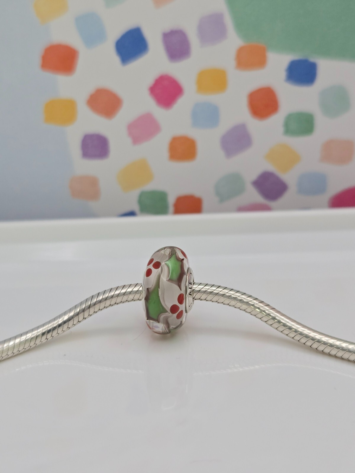 Authentic Pandora Holly Christmas Murano Glass silver moment Charm