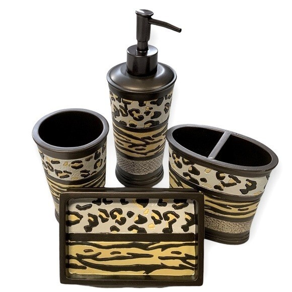 Animal Print Exotic Bathroom Accessory 4 Piece Set Brown Tan Multicolor Gazelle