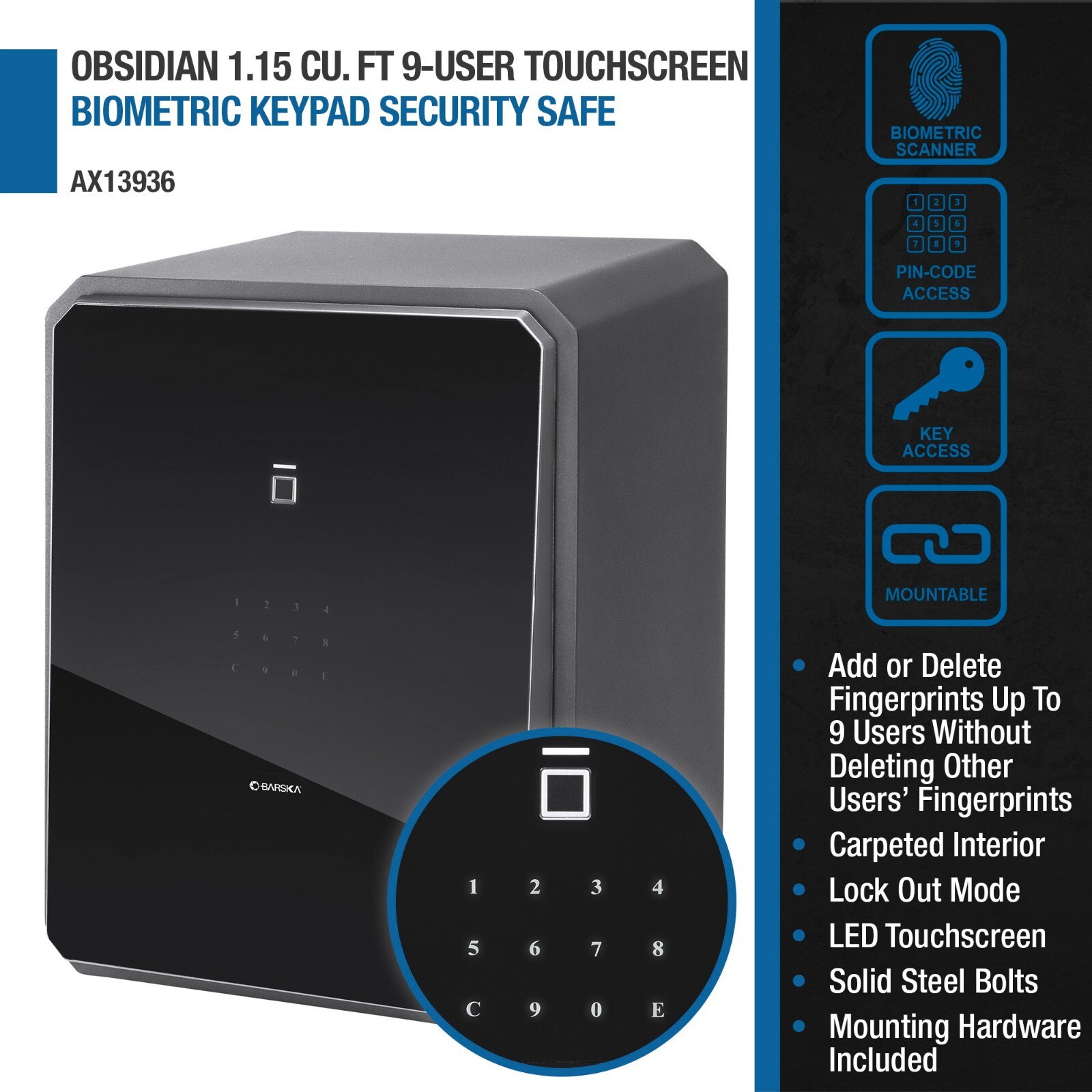 Obsidian Deluxe Touchscreen Home Safe 1.15 Cu Ft 9-User Biometric Fingerprint