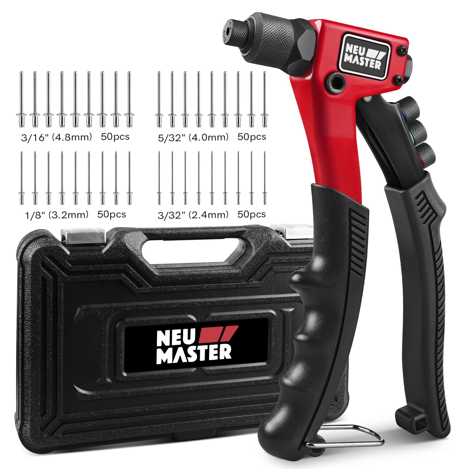 NEU MASTER Rivet Gun with 200Pcs Rivets, 200 Black/Red