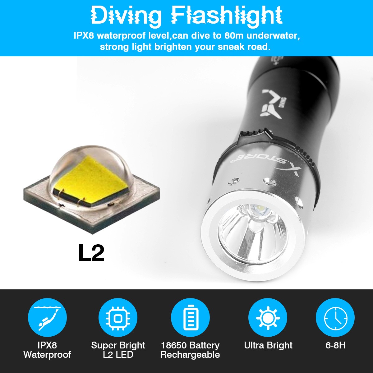 Underwater Flashlight Professional Diving Light LED Waterproof Dive Scuba Lamp