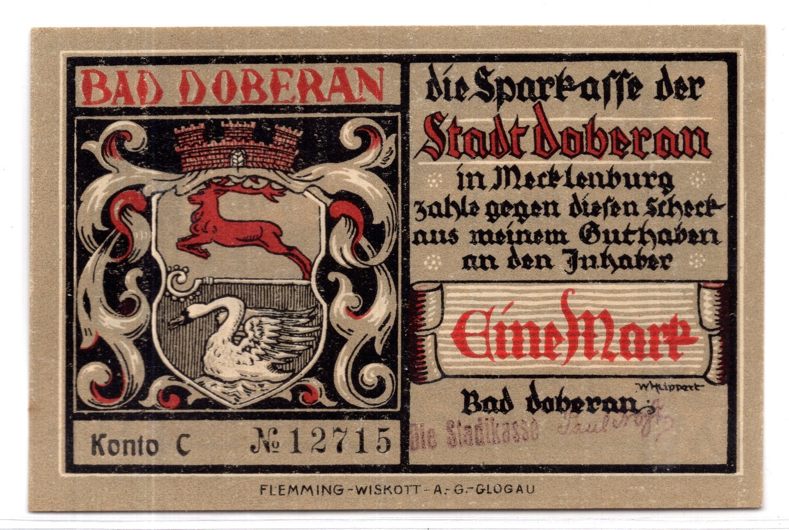 1922 Germany Bad Doberan Notgeld 1 Mark Note (4113)
