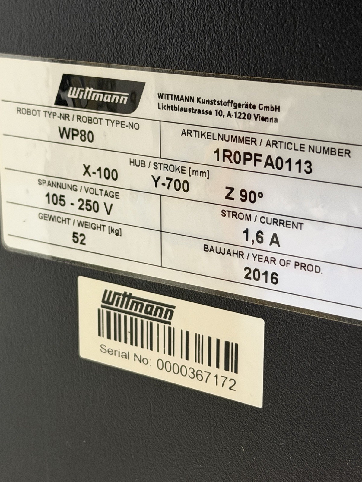 Wittmann WP80 Sprue Picker Robot 2016 NOS w/ Net8 Pendant Control Not Installed