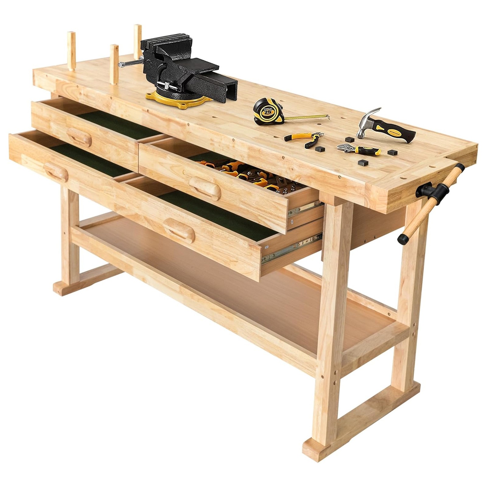 Olympia Tools Rubber Hardwood Workbench with 4-Drawers & Double Wood Clamp