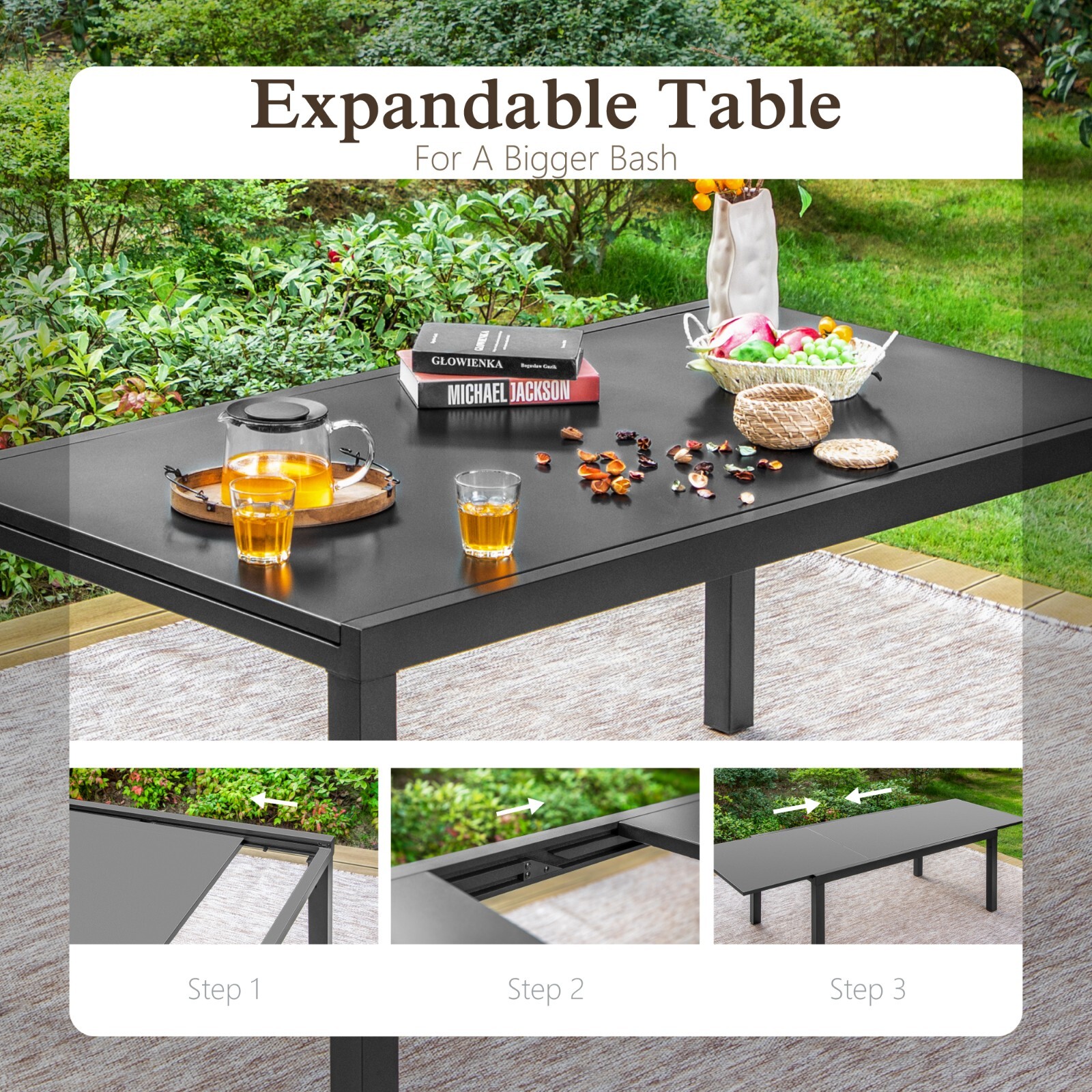 Expandable Patio Dining Table Metal Rectangular Outdoor Table for Garden Porch