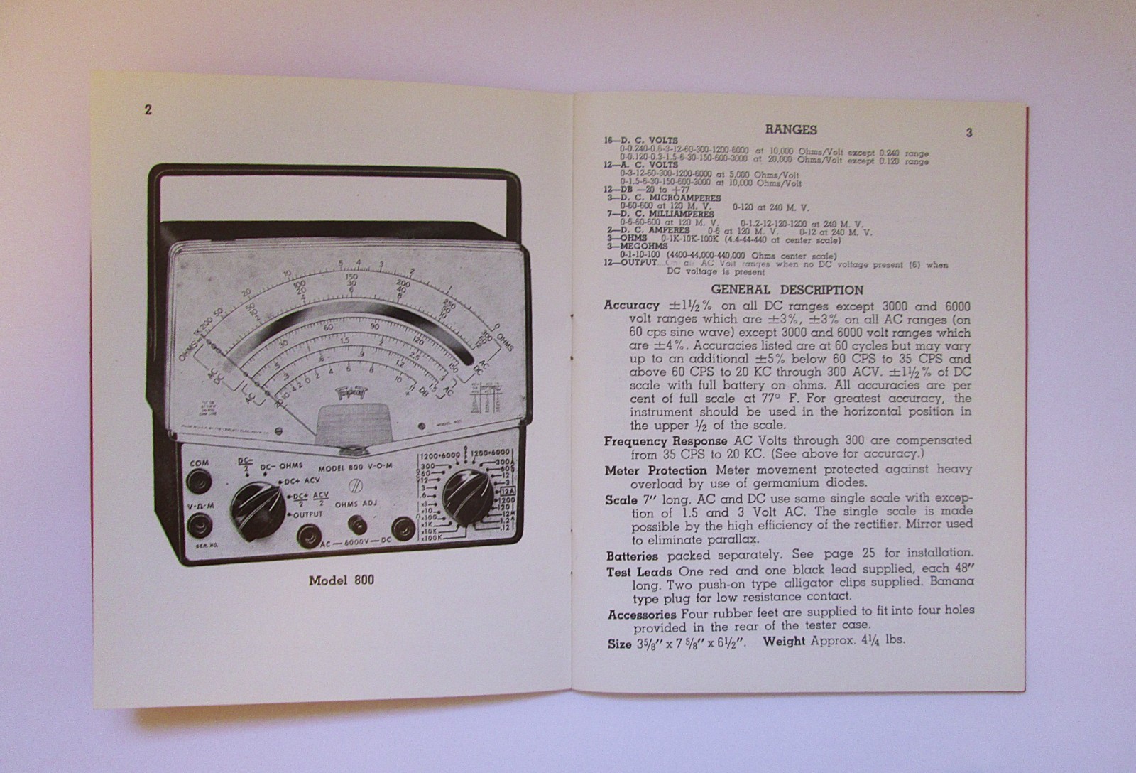 Triplett Model 800 Type 2 Volt-Ohm-Milliammeter Instruction Manual Nice! Clean!!