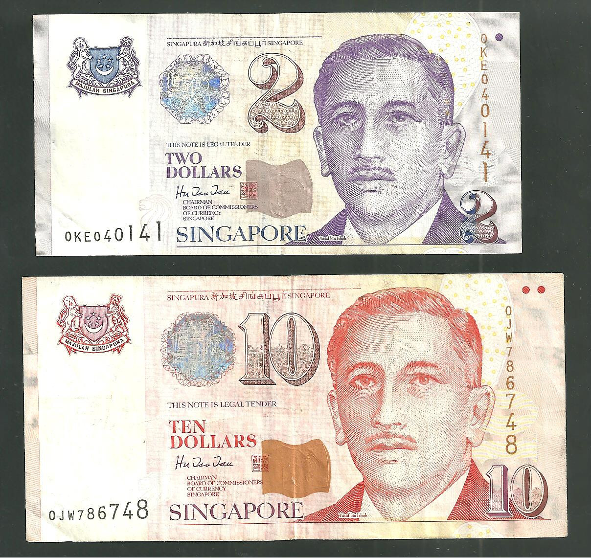 2 Singapore Banknotes 2 & 10 Dollars 1999 Pick #38 & 40 Currency Paper Money