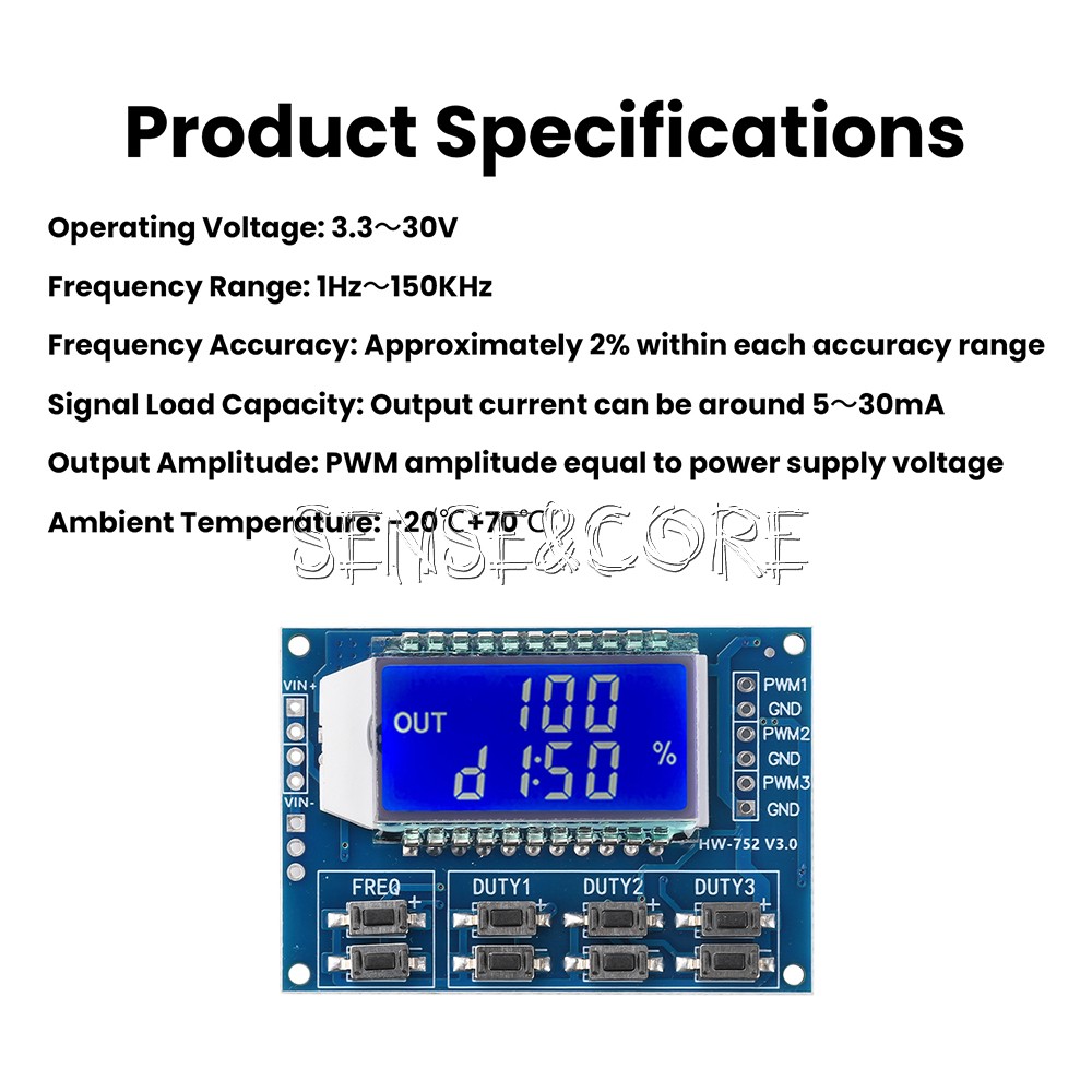Signal Generator 3-Channel PWM Pulse Wave Frequency Duty Cycle Adjustable Module
