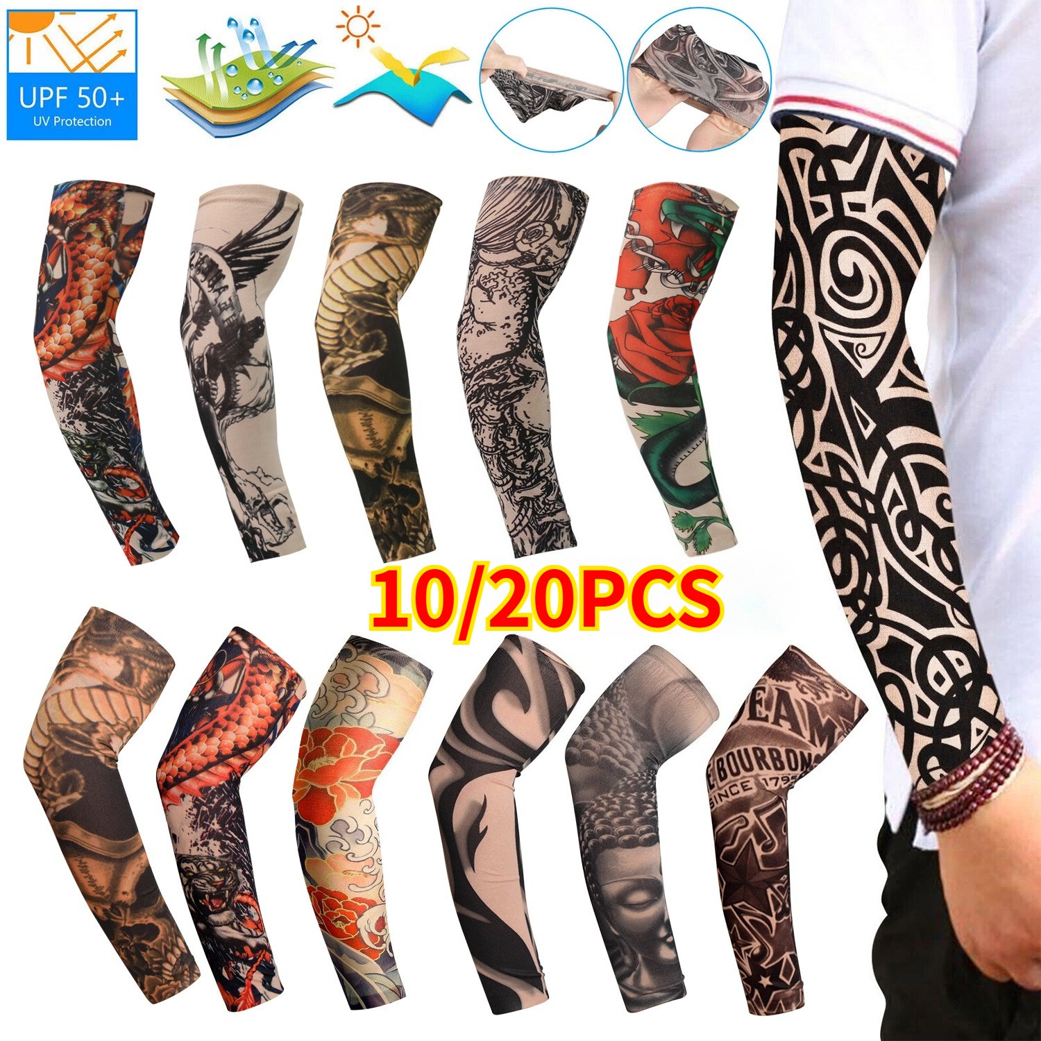 20pcs Elastic UV Tattoo Arm Sleeves Cool Cover-Up For Outdoor Sports & Activitie